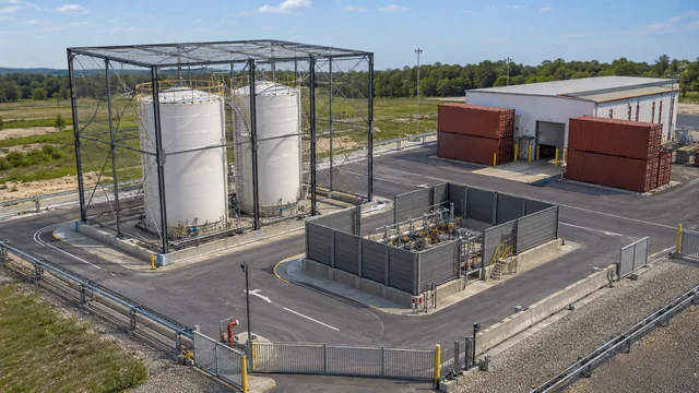 Схема комбинированной защиты нефтебазы: каркас над резервуарами, экраны и барьеры